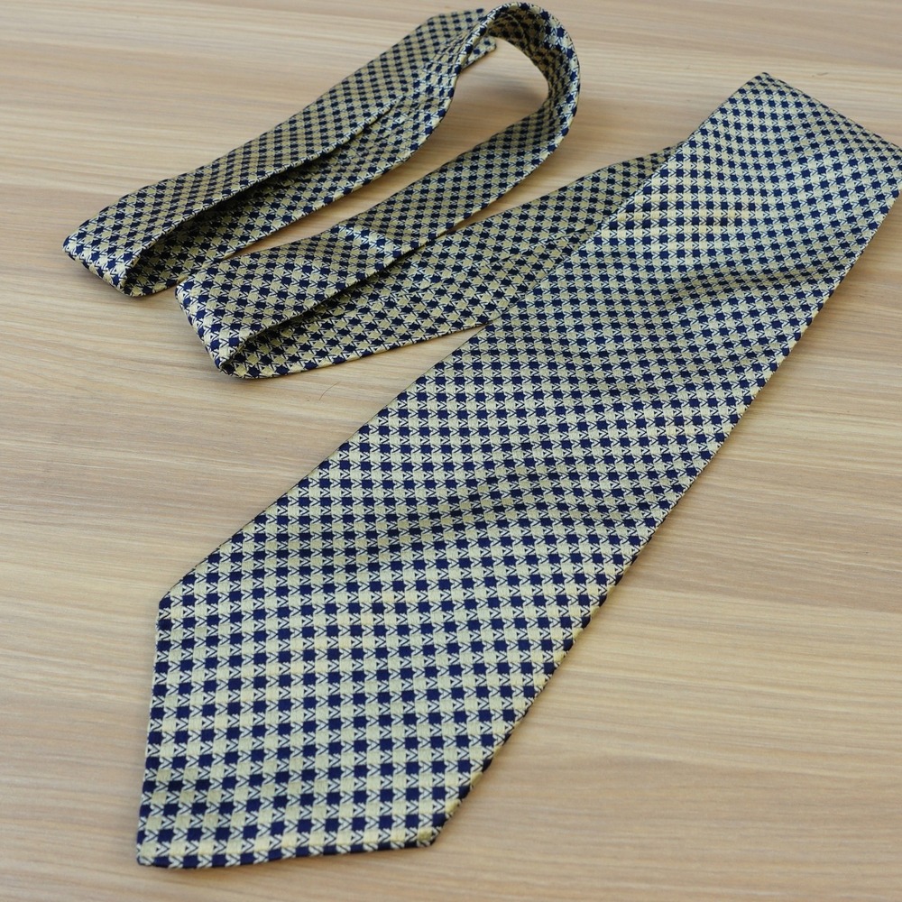 Navy Gold Houndstooth Silk Tie Mens Micro Check Classic Preppy LORD TAYLOR